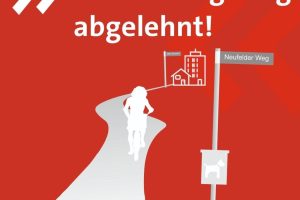 Ein Bild von einer Fahrradfahrerin mit der Überschrift Verbindungsweg abgelehnt
