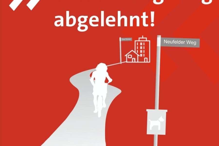 Ein Bild von einer Fahrradfahrerin mit der Überschrift Verbindungsweg abgelehnt